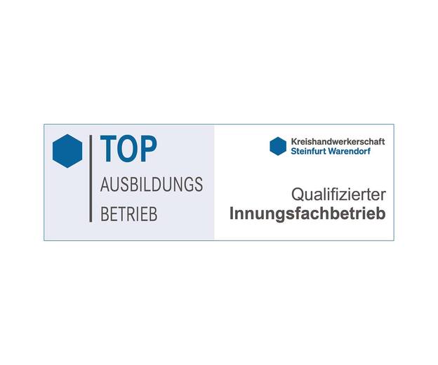 Logo der Kreishandwerkerschaft Steinfurt Warendorf mit dem Text „TOP Ausbildungsbetrieb“ und „qualifizierter Innungsfachbetrieb“.