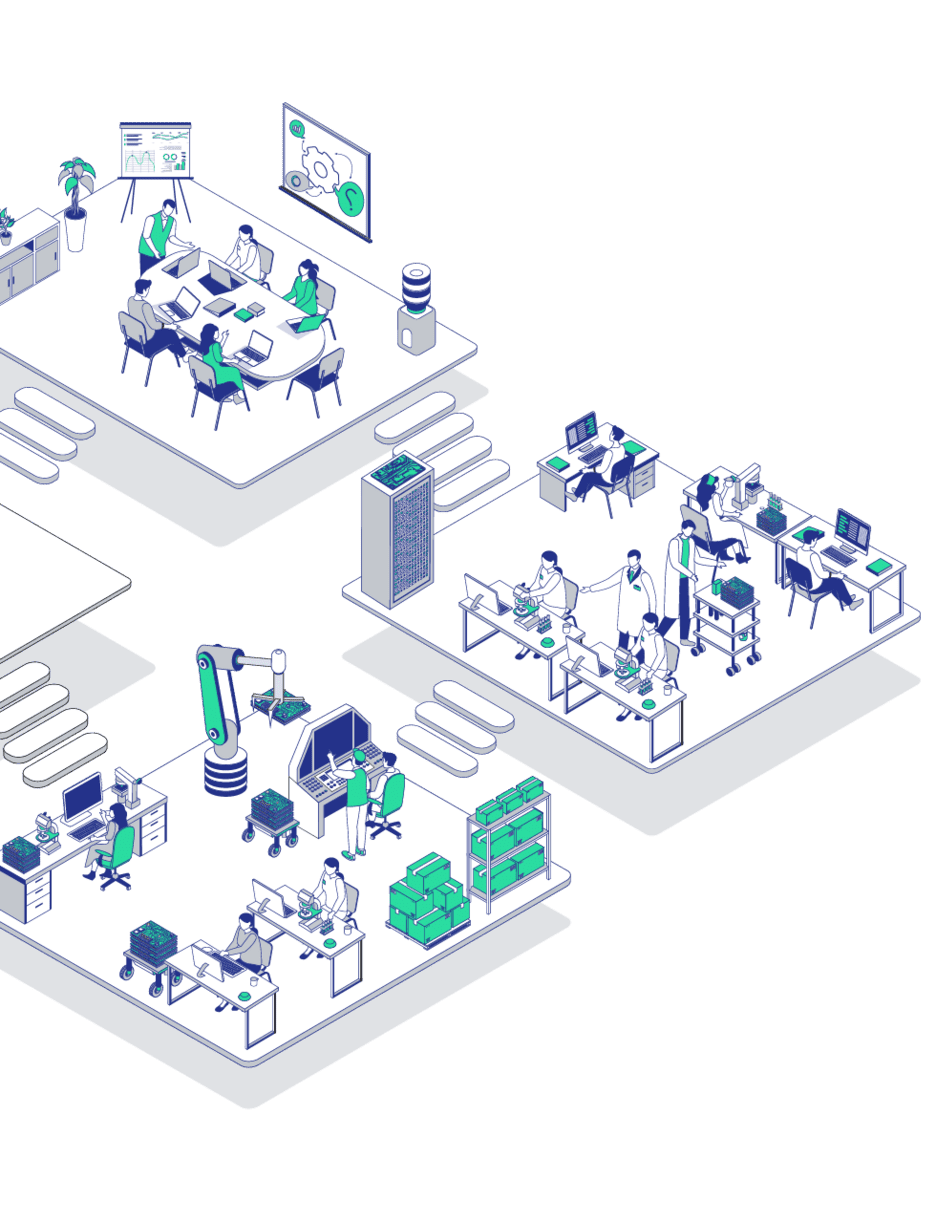 Illustration mehrerer Büroräume mit Mitarbeitern, Computerarbeitsplätzen und einem Roboterarm beim Arbeiten.