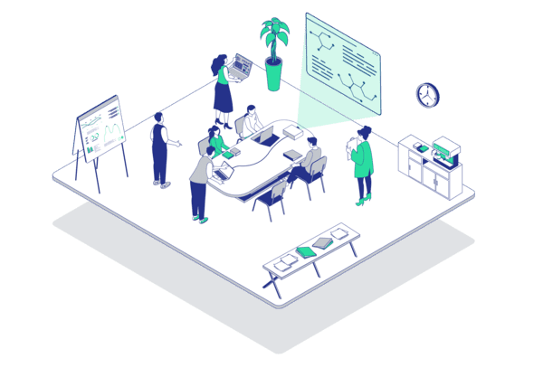 Besprechungsraum mit mehreren Personen, einem Tisch, Laptops und einer Präsentation an der Wand. Pflanzen und Uhren sind sichtbar.